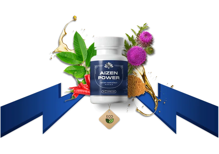 Aizen Power supplement bottle surrounded by natural herbal ingredients